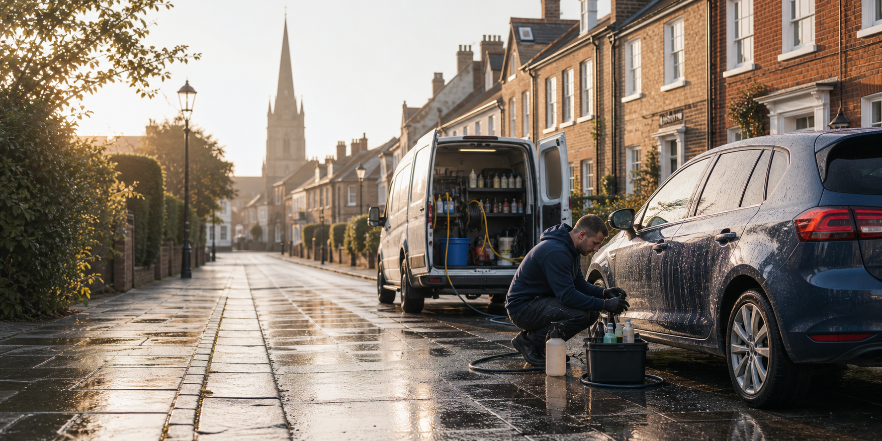 A mobile car wash van visiting a Louth street with local homes in the morning light