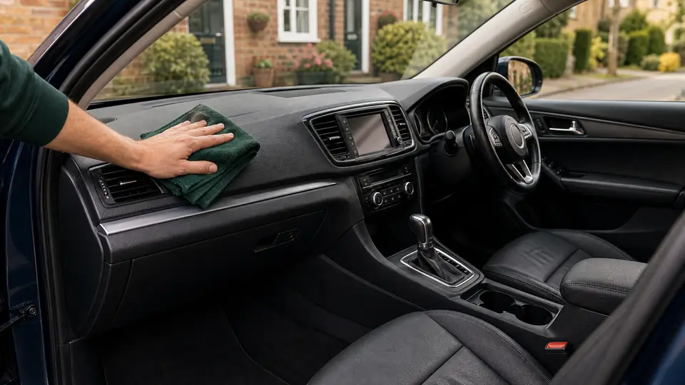 A clean car interior viewed through an open passenger door